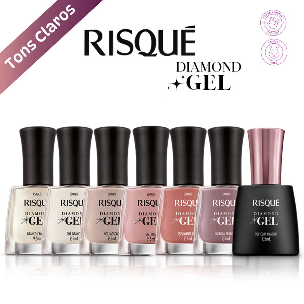 Esmalte Diamond Gel  Risqué Kit com 6 tons Claros Nude + 1 Top Coat