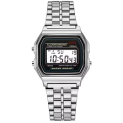 Relógio Retrô Digital Prata LED Unissex Fashion Masculino Feminino Pulseira Inoxidável Alta Qualidade