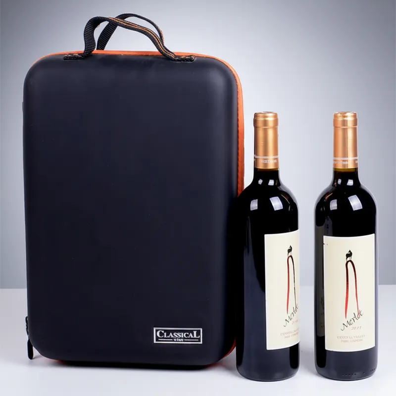 MALETA PORTA VINHO PREMIUM PARA 2 GARRAFAS EVA RÍDIGO A PROVA D'ÁGUA COM ALÇA E COMPARTIMENTO COM ABRIDOR