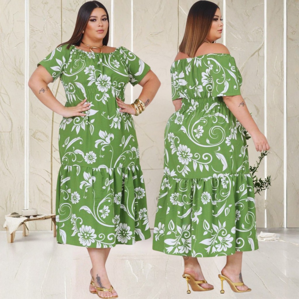 Vestido Longo Ciganinha Plus Size Ombro a Ombro em Tecido Duna com Babado – Leve, Fresco e Elegante