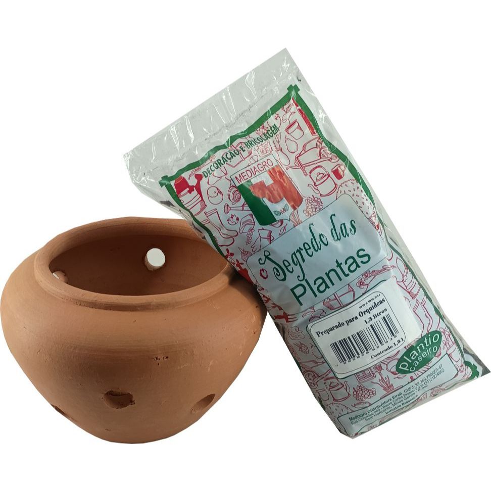 KIT COM VASO DE CERAMICA PANELINHA 4 COM SUBSTRATO PARA ORQUIDEA COM CASCA DE PINUS CARVÃO E CHIP DE COCO