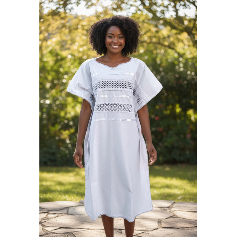 Conjunto Alaká Feminino em Algodão Entremeado + Pano de Cabeça – Umbanda Candomblé