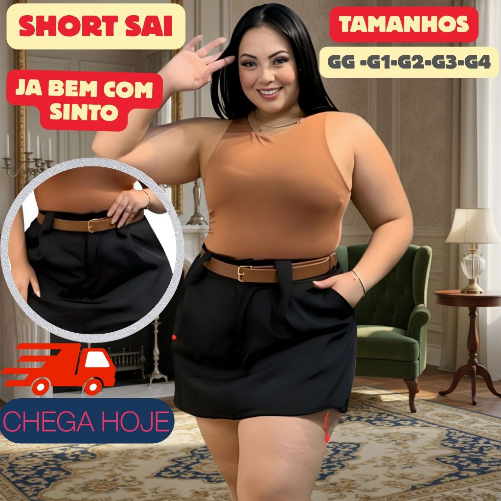 Short Saia Plus Size Alfaiataria Feminino Elegante Acessórios Conjunto Com Cinto e Bolso Tamanhos 44 -52 em Oferta na Shopee