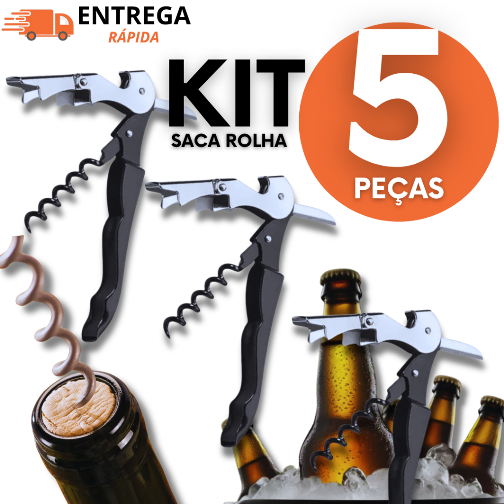 Kit 5 Saca Rolhas de Vinho Abridor de Garrafa de Aço Inox Cortador de Capsula 3 em 1 Utilidades Premium