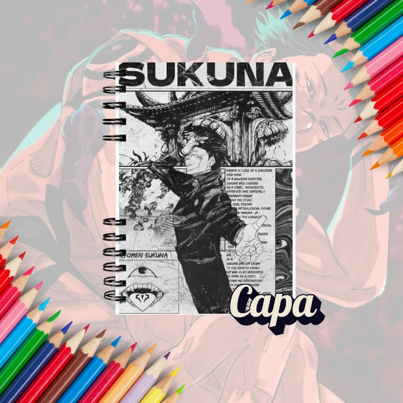 Caderno Sketchbook Sukuna com Wire-o – Tamanho A5 | 60 até 80 folhas, Folhas Anime + Brindes