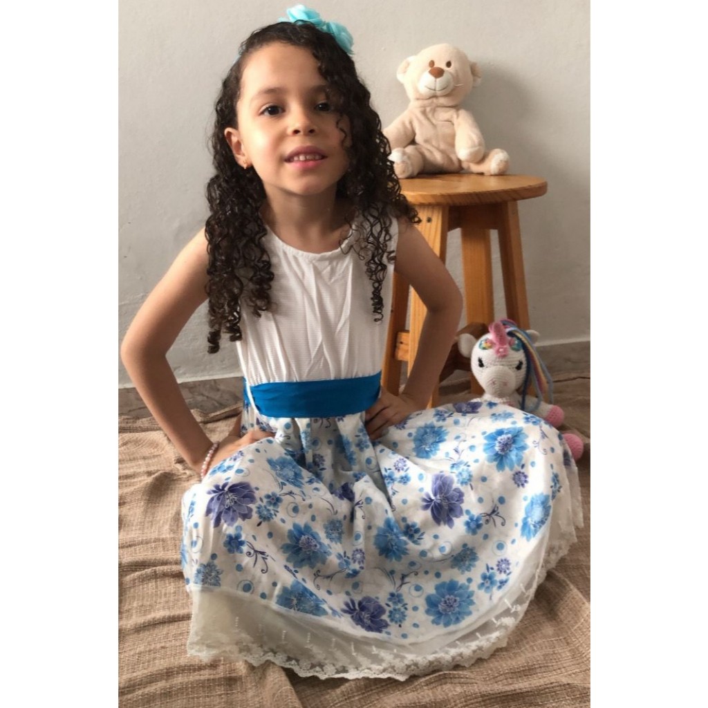 Vestido Infantil Festa Verão Floral Azul Turquesa e Branco com Faixa de Laço - Estilo Delicado