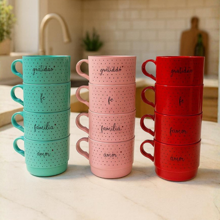 Kit 4 Xícaras Acrílicas Empilháveis 210ml – Para Café e Chá | Modernas, Resistentes e Decorativas