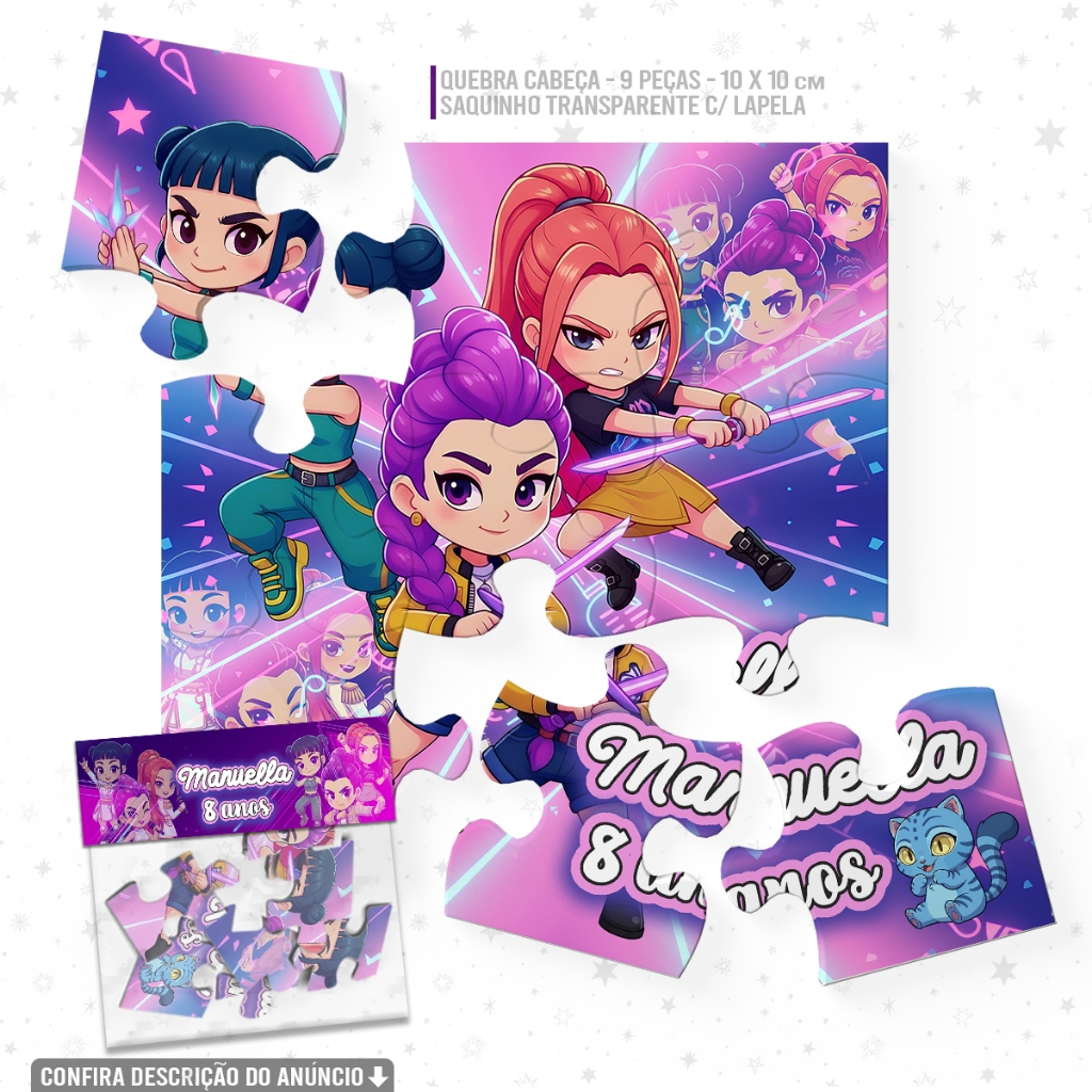 Quebra-Cabeça Personalizado Tema Guerreiras do KPOP | Lembrancinha de Aniversário 9 Peças