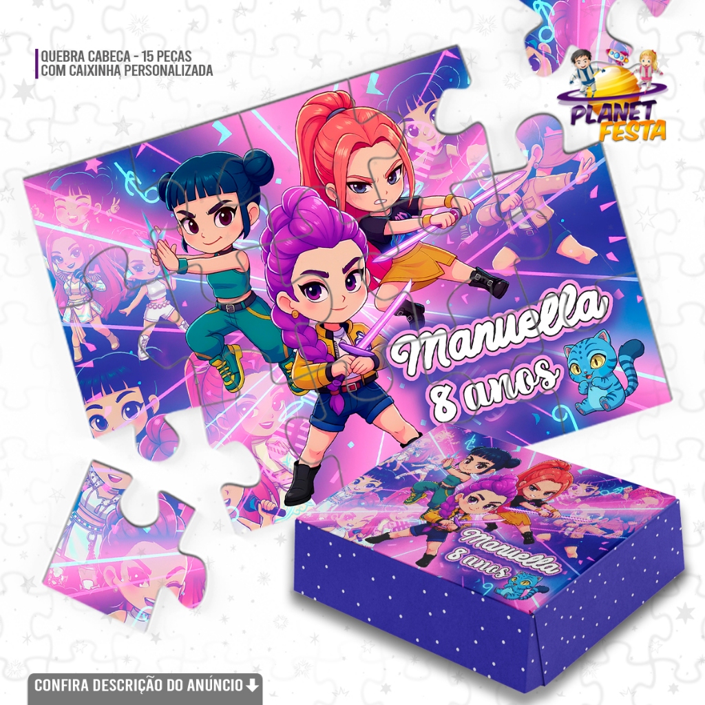 Quebra-Cabeça com Caixinha Personalizada Guerreiras do KPOP | Lembrancinha de Aniversário 15 Peças