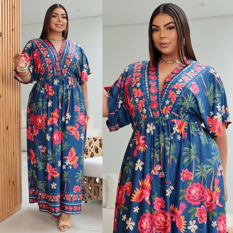 PLUS SIZE Vestido feminino longo estampo igreja moda evangélica social festas poliamida culto natal