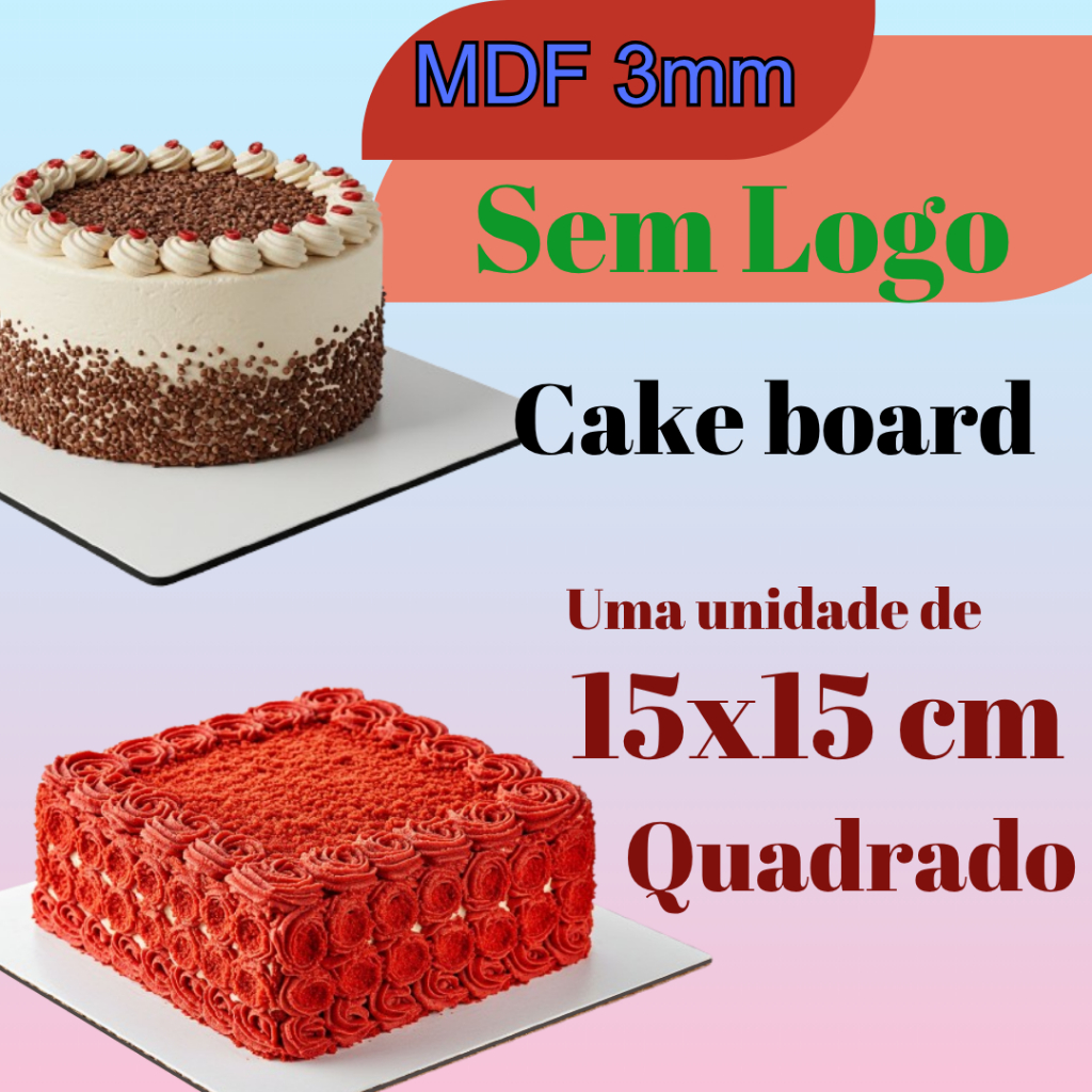 Um Cake de 15x15cm, Quadrado, MDF 3mm, Cake board, suporte, tábua, tabuleiro, cakeboard, unidade, único