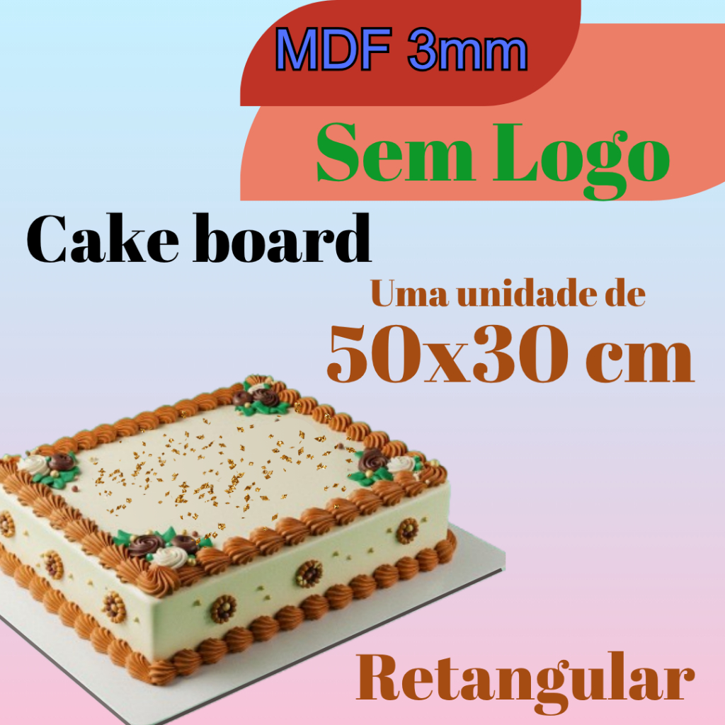 Um Cake de 50x30cm, Quadrado, MDF 3mm, Cake board, suporte, tábua, tabuleiro, cakeboard, unidade, único