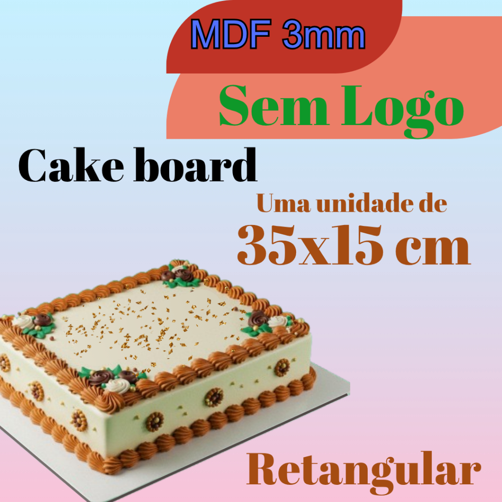Um Cake de 35x15cm, Quadrado, MDF 3mm, Cake board, suporte, tábua, tabuleiro, cakeboard, unidade, único