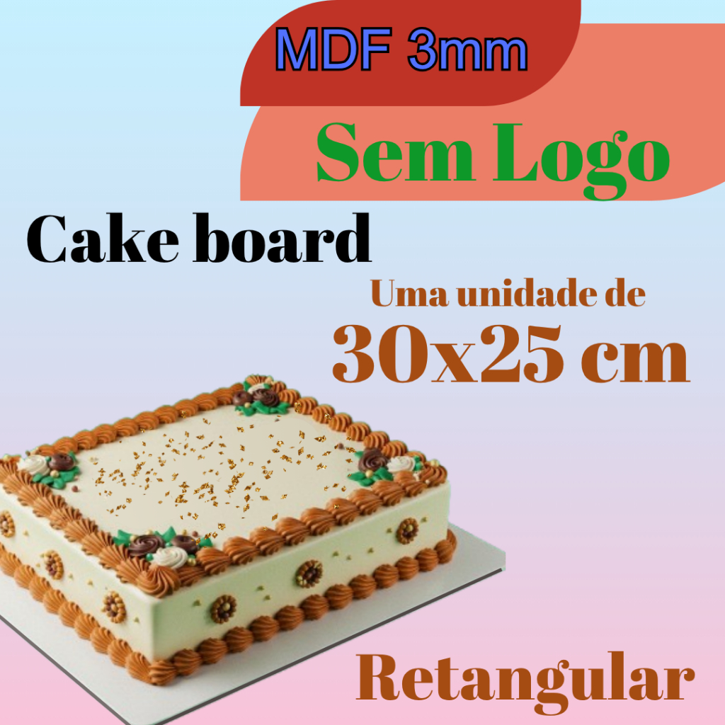 Um Cake de 30x25cm, Quadrado, MDF 3mm, Cake board, suporte, tábua, tabuleiro, cakeboard, unidade, único