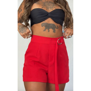 Shorts Alfaiataria Feminino Curto Com Cinto Amarração Argola