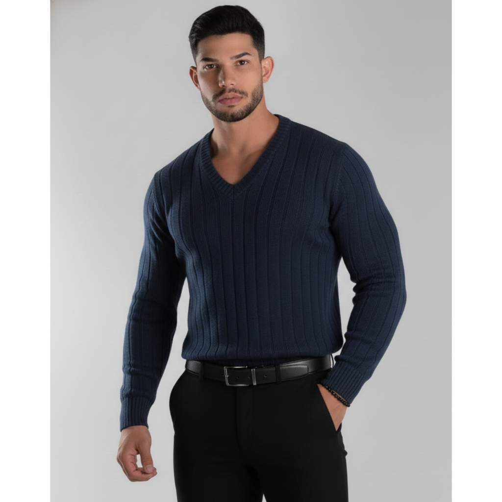 Blusa Masculina Tricot Suéter Masculino Decote V Tricot Liso Blusa de Frio Masculina