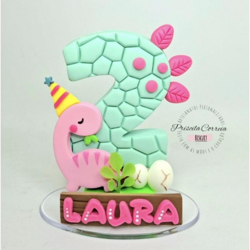 Vela de Aniversário em Biscuit Dino Baby Rosa/Menina