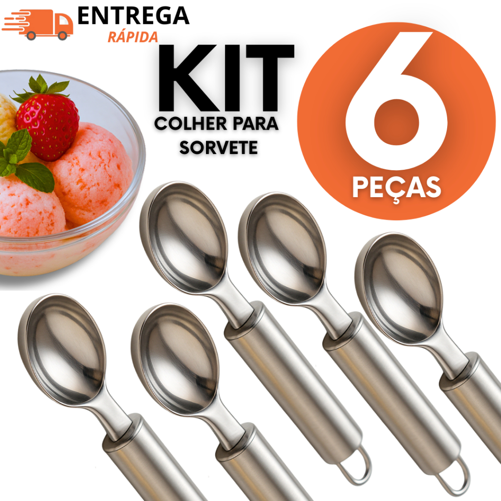 Conjunto 06 Colher de Sorvete Pegador Boleador 100% Inox Premium Casa Cozinha Buffet Restaurante Sorveteria Utilidades