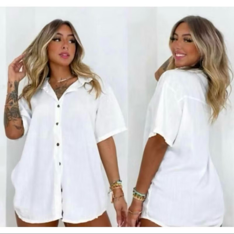 Camisa plus size comprida blusão feminina unissex viscolinho manga curta com botões moda praia em Oferta na Shopee