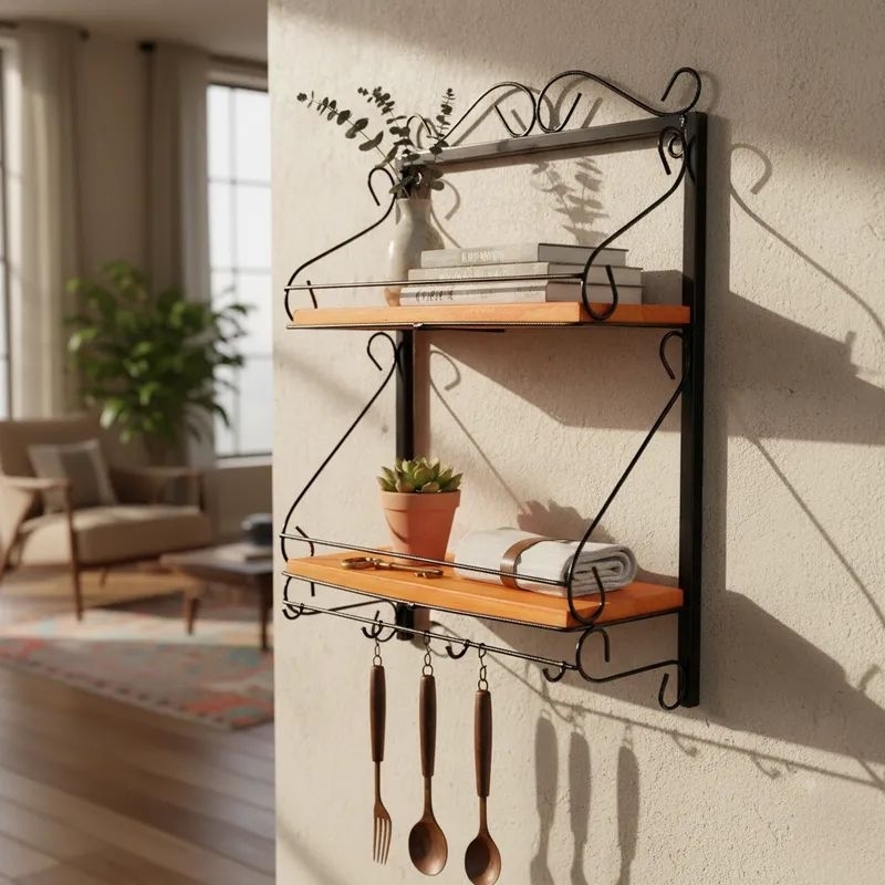 Prateleira rústica 2 andar de parede artesanal Ferro e Madeira Prateleira para Condimentos