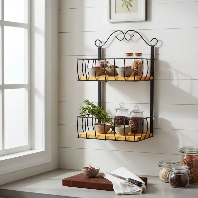 Fruteira de parede 2 andar Prateleira de parede para frutas Artesanato em Ferro e madeira em Oferta na Shopee