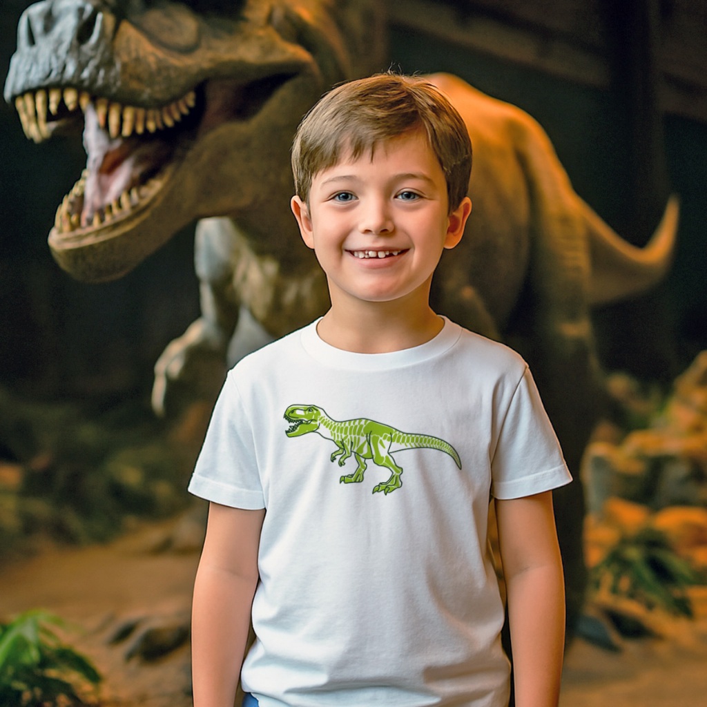 Camiseta Infantil Unissex Estampa Dinossauro T-Rex