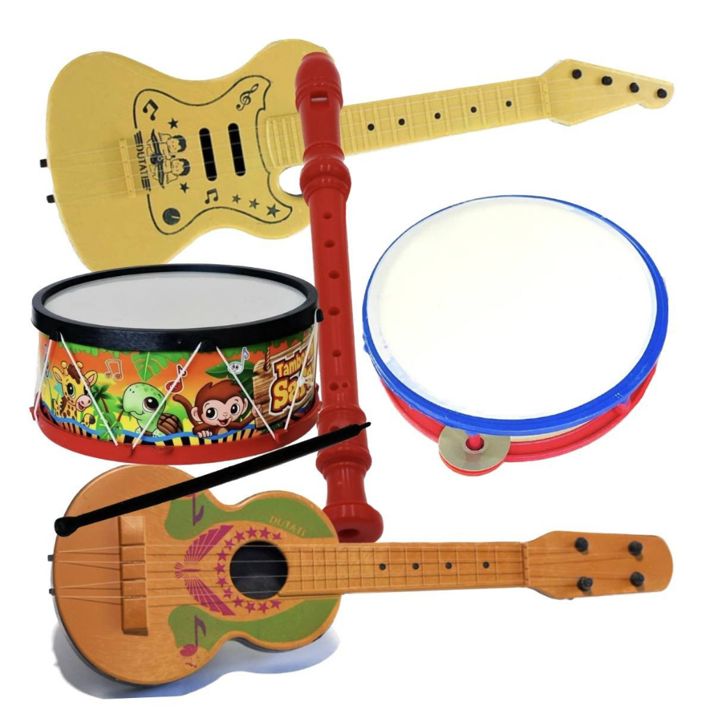 Kit Violão 5 Itens Musical Tambor Infantil Grande Pandeiro Educacional Guitarra Flauta Menino Menina