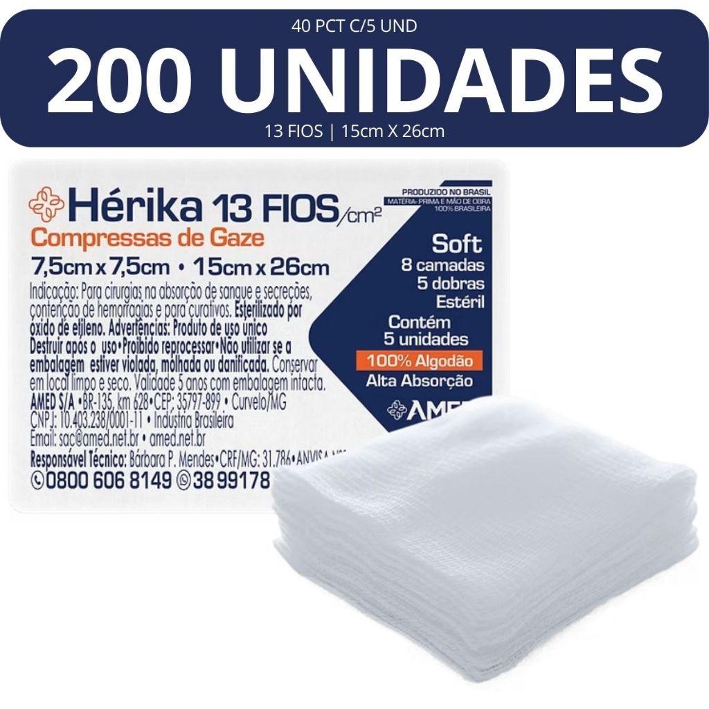 200 Unidades Compressa Gaze Estéril Hérika 13 Fios/CM2 Curativo Cirurgico hosp