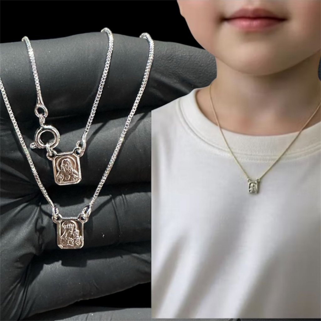 Escapulário Infantil Prata 925 Sagrado Coração de Jesus e Nossa Senhora do Carmo, Colar Infantil....