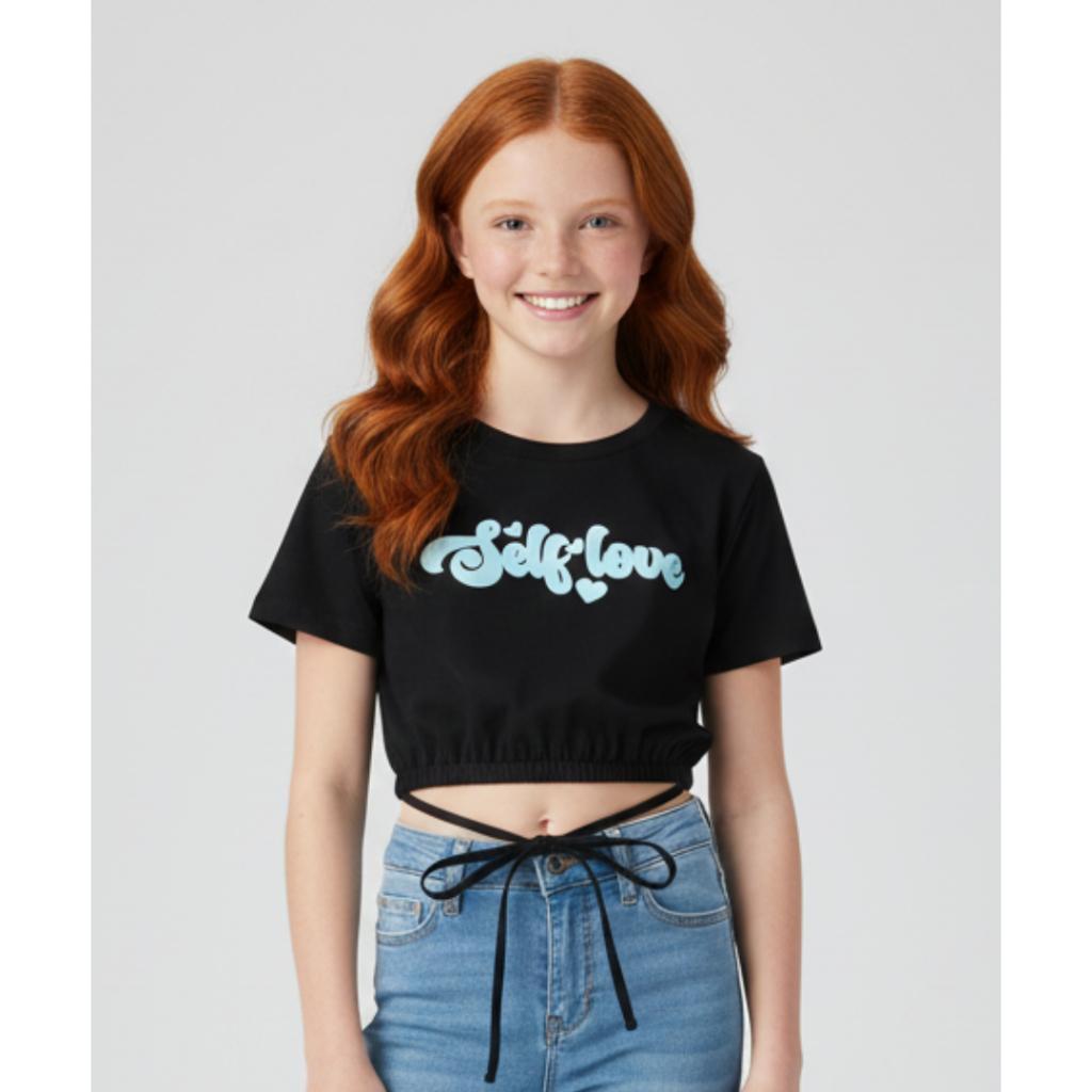 Cropped Juvenil  Menina Com Estampa Love E Amarração- Tamanhos 12, 14 E 16 Anos| Ideal Para O Verão