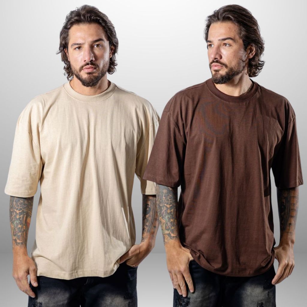 Kit 2 Peças Camiseta Oversized Tendência 100% Algodão Treino Academia Masculina Básica Gola Alta Homem Fashion