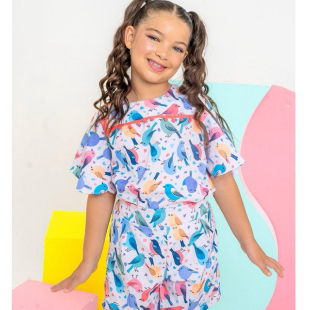 Conjunto Infantil Feminino Estampado Passarinhos – Look Menina Verão Moda Infantil Confortável Tam 4 ao 14