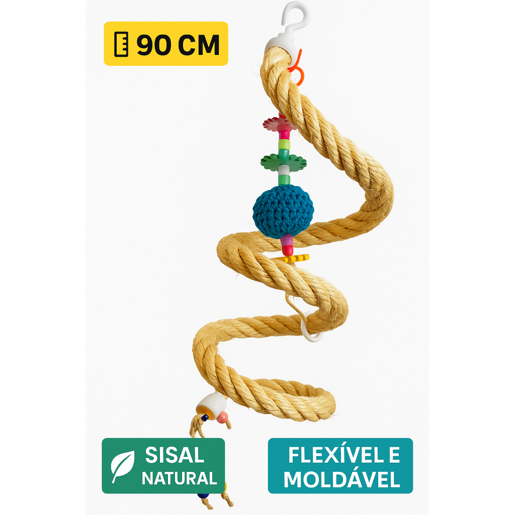 Poleiro Flexível de Corda Sisal 90cm - Brinquedo para Calopsita, Ring Neck, Agapornis e Periquito