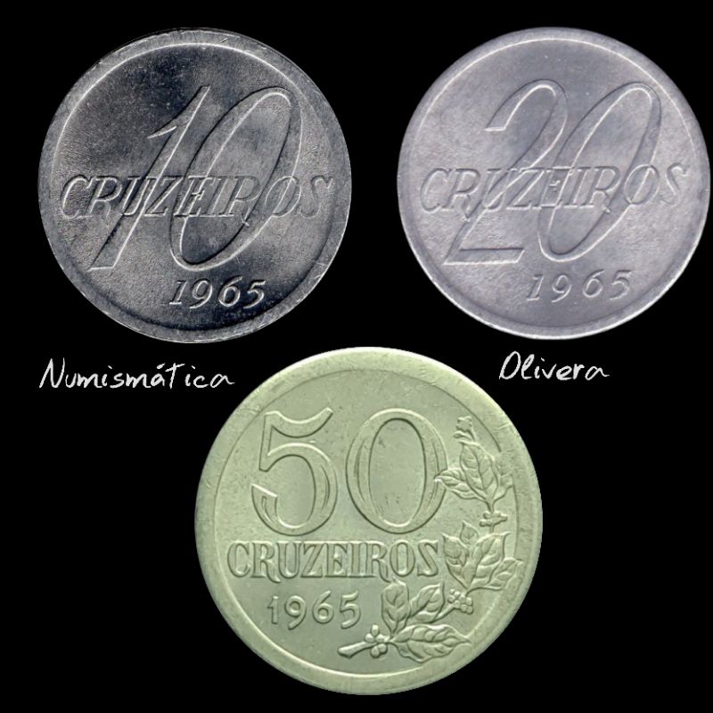 Série com 3 moedas antigas Brasil 10, 20 e 50 cruzeiros 1965.