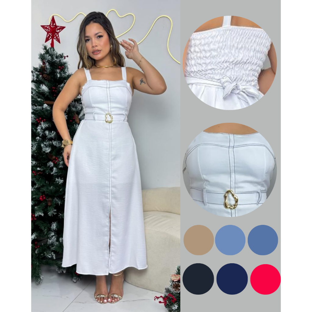 Vestido Midi com Alças Largas, Fenda Frontal e Cinto Detalhado ✨ -- Tamanho G 38/42 em Oferta na Shopee