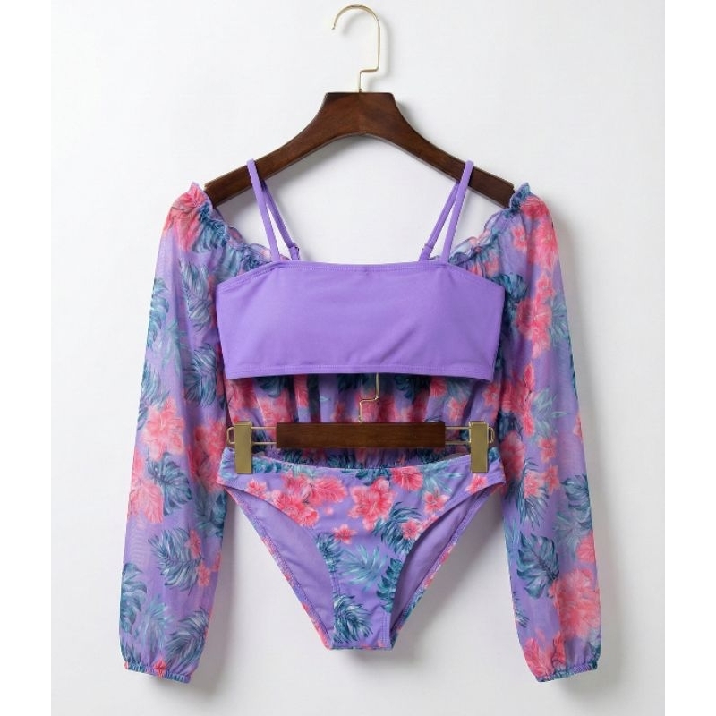 Biquíni Juvenil 3 Peças Cropped Tule Manga Longa | Proteção UV50+ | Poliamida | Moda Praia Teen em Oferta na Shopee