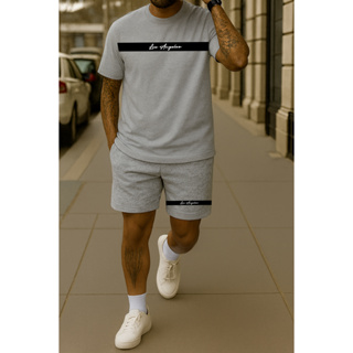 Kit Camiseta Longline e Short Moletim Los Angeles Masculino Bermuda Slim Streetwear em Oferta na Shopee