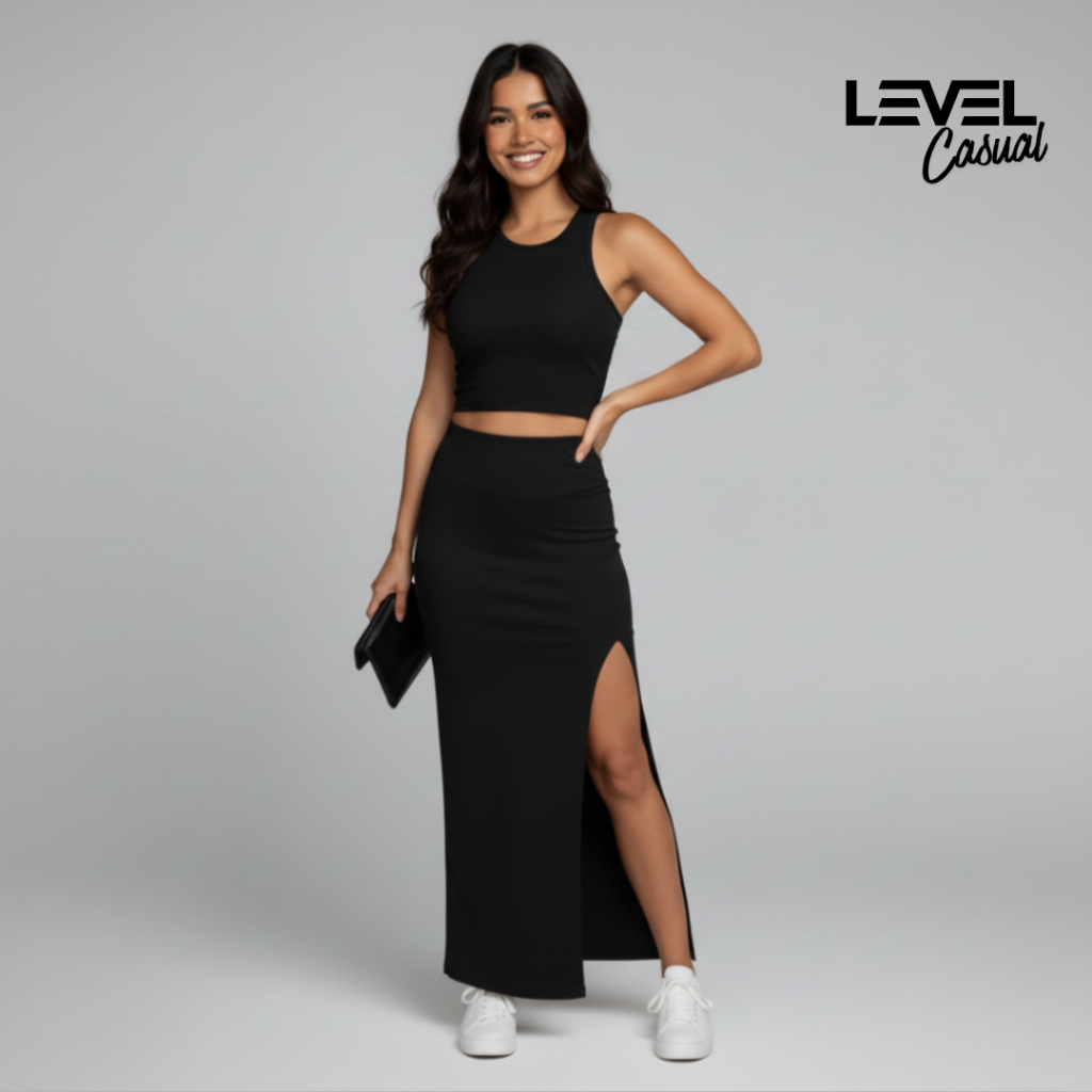 Conjunto Feminino Saia e Regata Ribana Premium Level em Oferta na Shopee