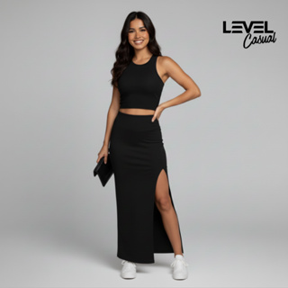 Conjunto Feminino Saia e Regata Ribana Premium Level em Oferta na Shopee