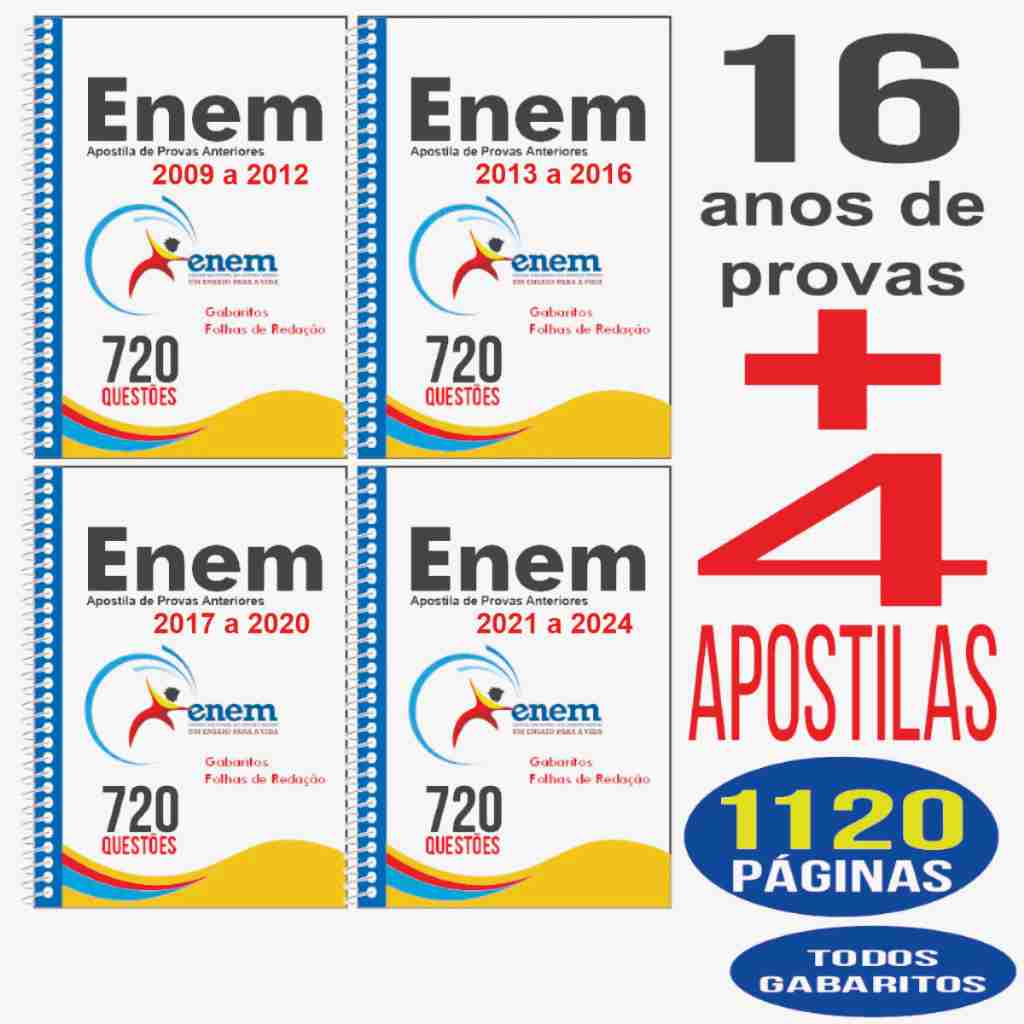 Apostila Enem Provas Antigas Anteriores 16 Anos Provas de 2009 a 2024 Gabaritos e Folhas de Redação