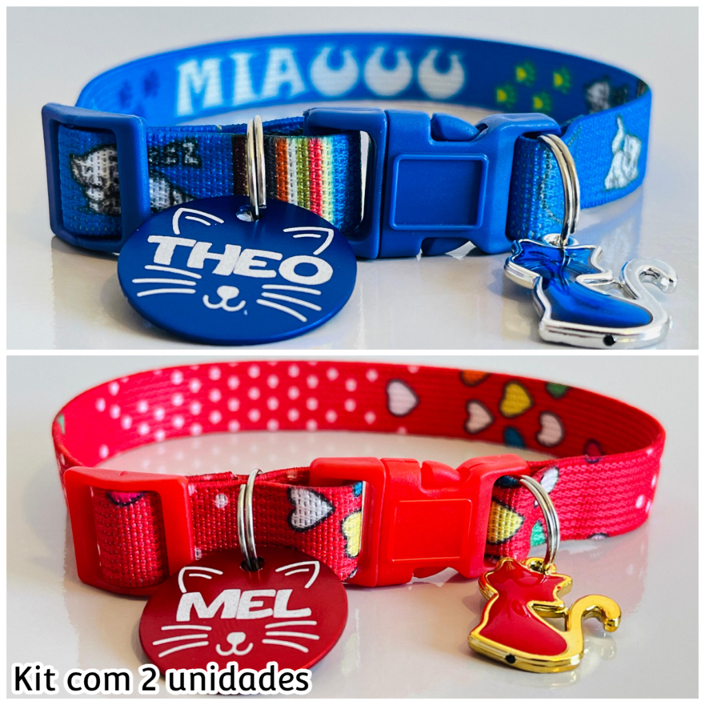 Kit c/ 2 coleiras para gato antienforcamento com nome e telefone personalizado
