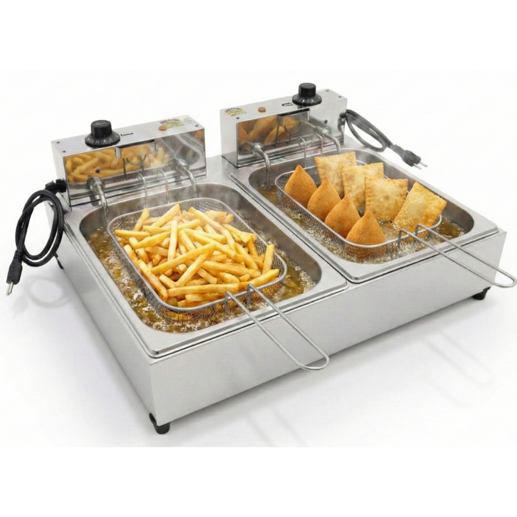 Fritadeira Elétrica Industrial 10L Cuba Dupla com Prensa Cabos de Proteção 2 Tipos de Salgados