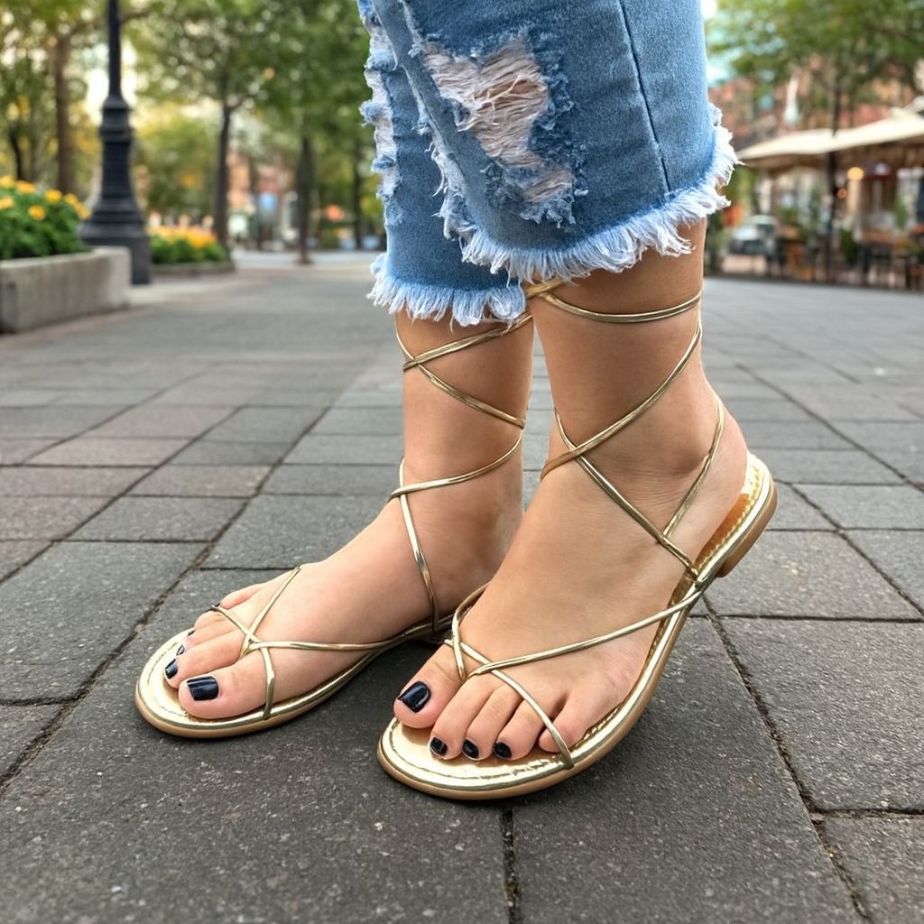 Sandália Rasteira Feminina Amarração Casual Confortável em Oferta na Shopee