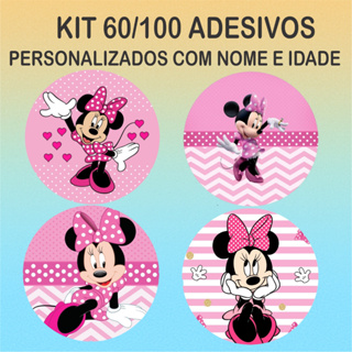 KIT 60/100 ADESIVOS PERSONALIZADOS - MINNIE ROSA - FESTA - TUBETE - LEMBRANCINHA - ANIVERSÁRIO em Oferta na Shopee