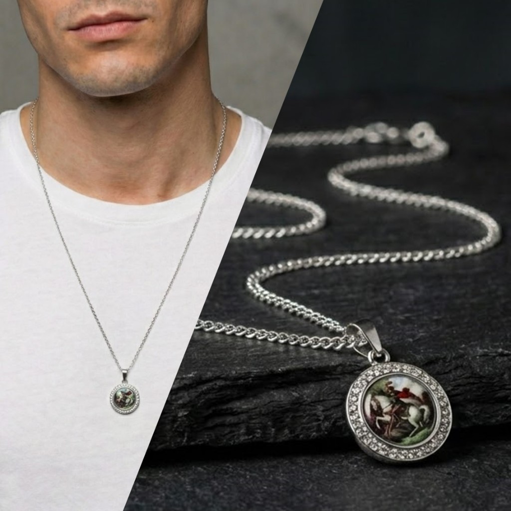 Colar Masculino Aço Inox São Jorge com Pingente 2cm e Corrente 60cm à Prova d’Água Antialérgico Cordão Masculino