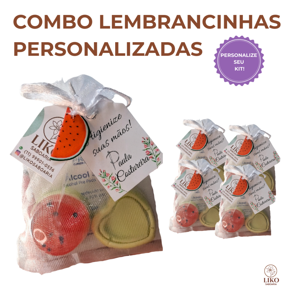 ✨Combo Lembrancinhas Personalizadas – Mini Sabonetes + Lenço de Álcool – Aromas e Formatos à Escolha