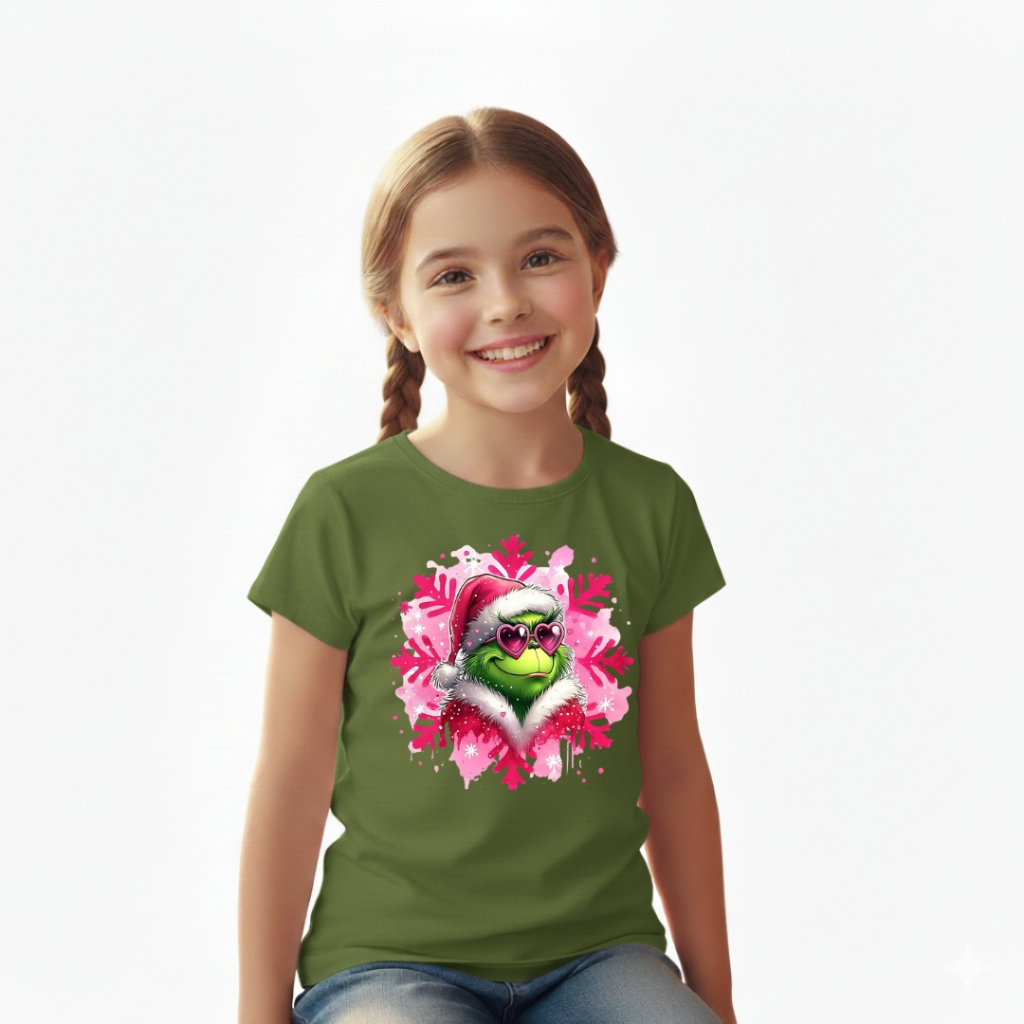 Camiseta Infantil Menina Estampada Grinch Rosa Natal Algodão Macio Lançamento Crianças Desenho