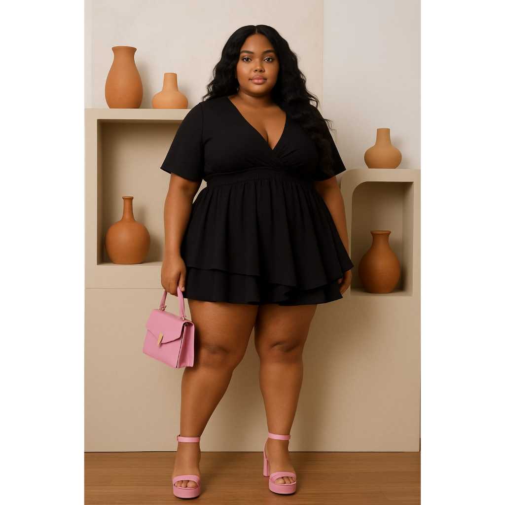 Macaquinho macação vestido Curto manga morcego Feminino feminina Plus Size Tecido Duna Premium