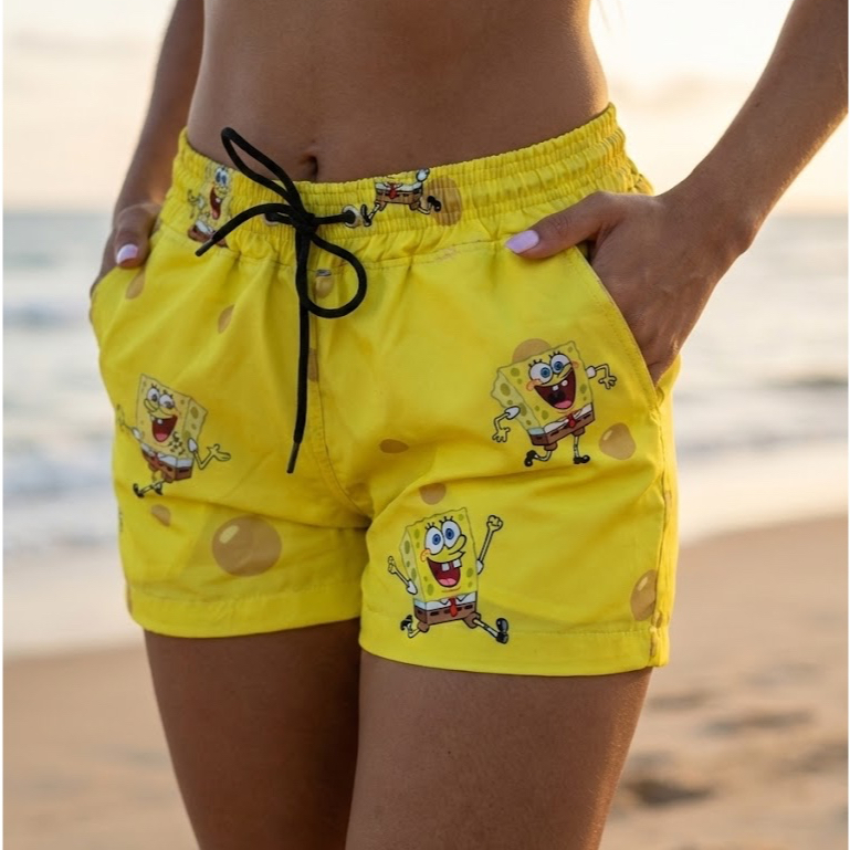 Short Feminino Bob Esponja Tactel Com Elastano Saída De Praia Piscina Academia Estampada Desenhos