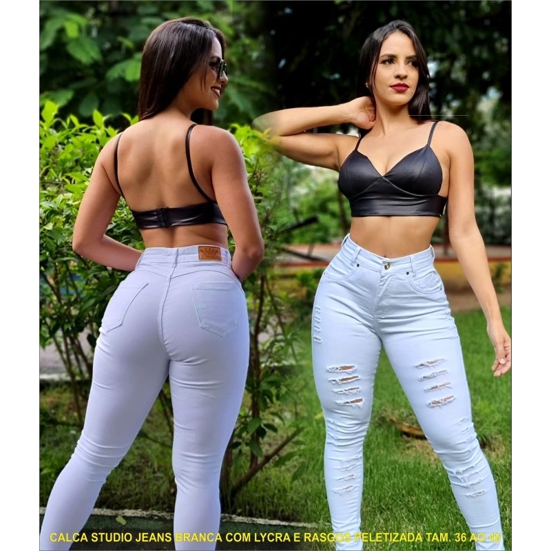 calca studio jeans fem branca c lycra e rasgos premium
